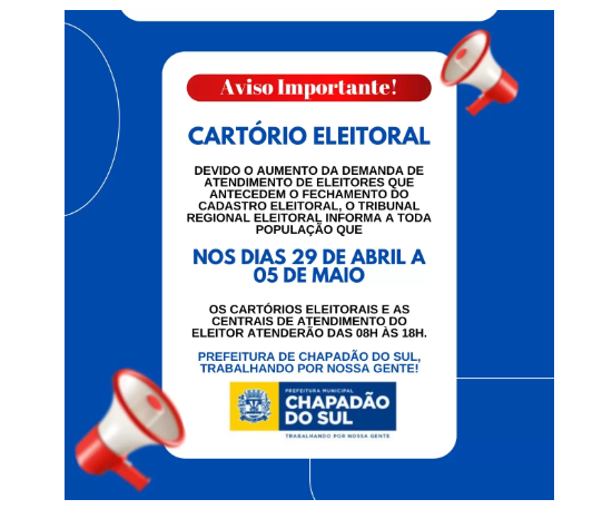 Imagem de compartilhamento para o artigo Cartório Eleitoral de Chapadão do Sul amplia horário de atendimento; veja o motivo da MS Todo dia